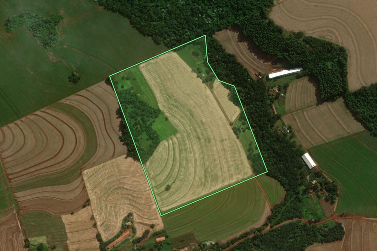 Imagem de satélite do imóvel rural em Catanduvas (PR), com o contorno declarado no CAR desenhado por cima.