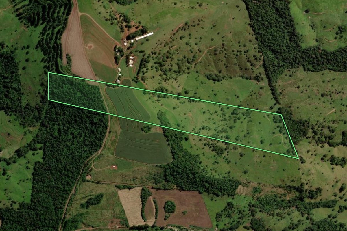 Imagem de satélite do imóvel rural em Catanduvas (PR), com o contorno declarado no CAR desenhado por cima.
