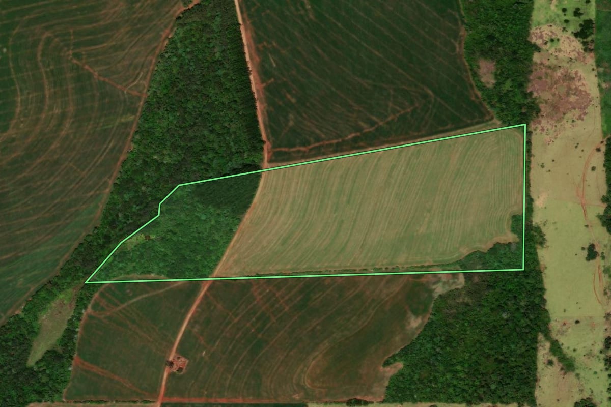 Imagem de satélite do imóvel rural em Catanduvas (PR), com o contorno declarado no CAR desenhado por cima.