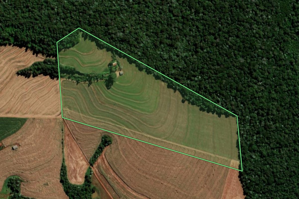 Imagem de satélite do imóvel rural em Catanduvas (PR), com o contorno declarado no CAR desenhado por cima.
