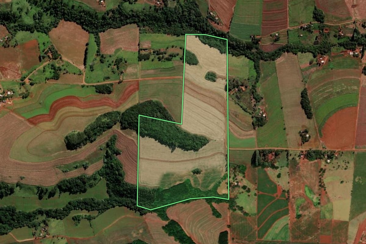 Imagem de satélite do imóvel rural em Catanduvas (PR), com o contorno declarado no CAR desenhado por cima.