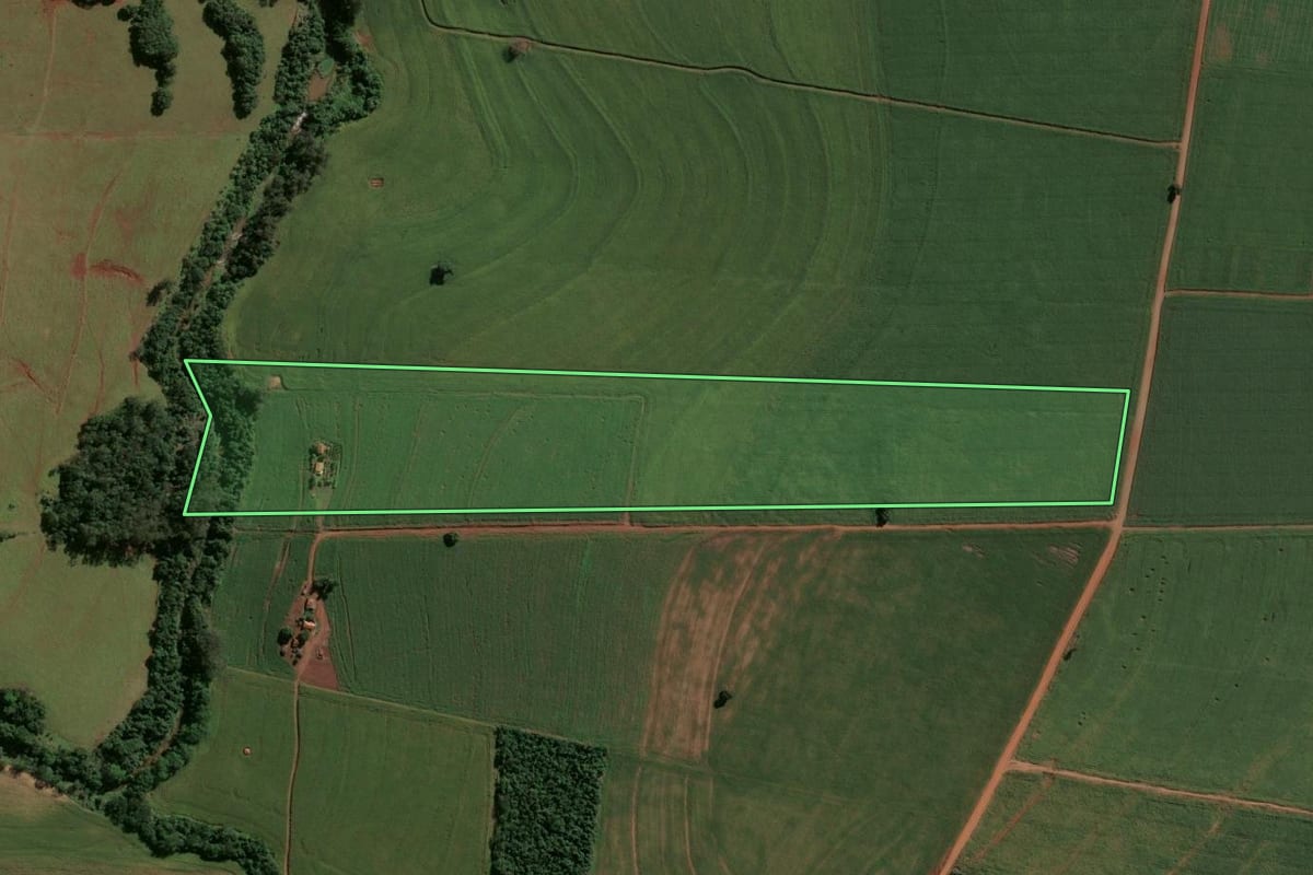 Imagem de satélite do imóvel rural em Centenário do Sul (PR), com o contorno declarado no CAR desenhado por cima.