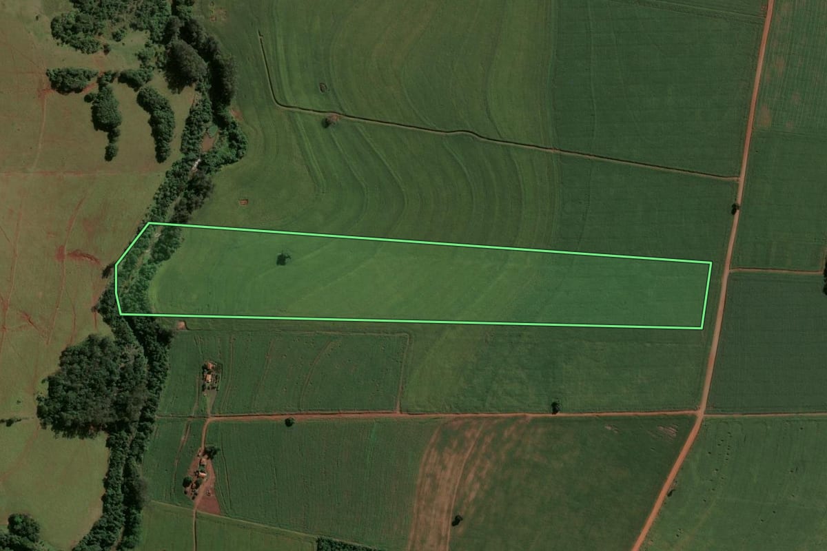 Imagem de satélite do imóvel rural em Centenário do Sul (PR), com o contorno declarado no CAR desenhado por cima.