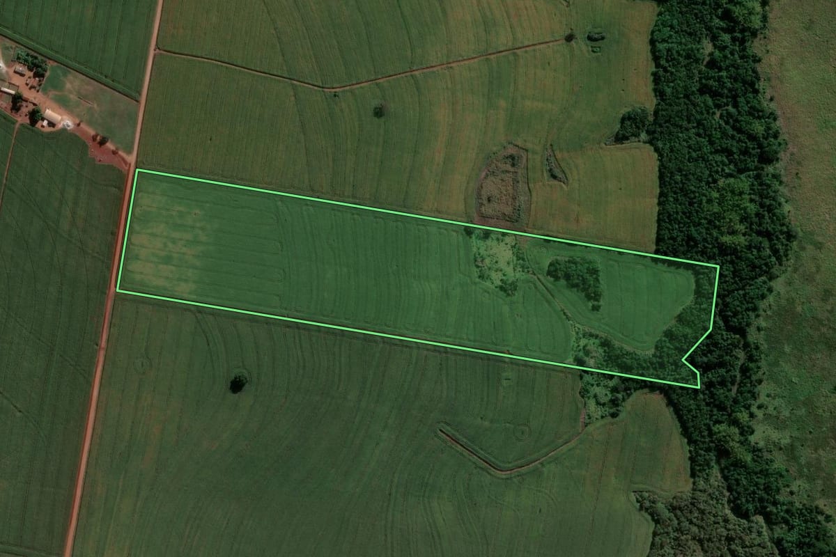 Imagem de satélite do imóvel rural em Centenário do Sul (PR), com o contorno declarado no CAR desenhado por cima.