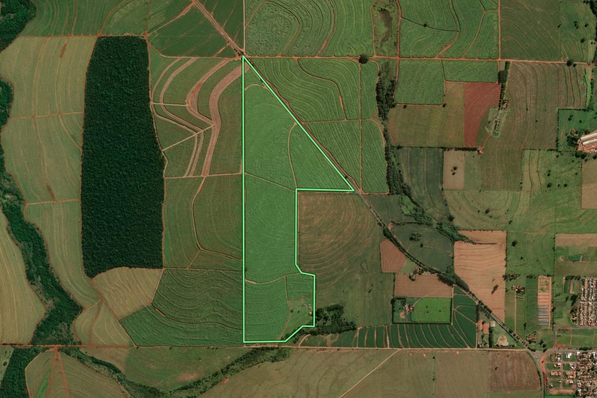 Imagem de satélite do imóvel rural em Centenário do Sul (PR), com o contorno declarado no CAR desenhado por cima.