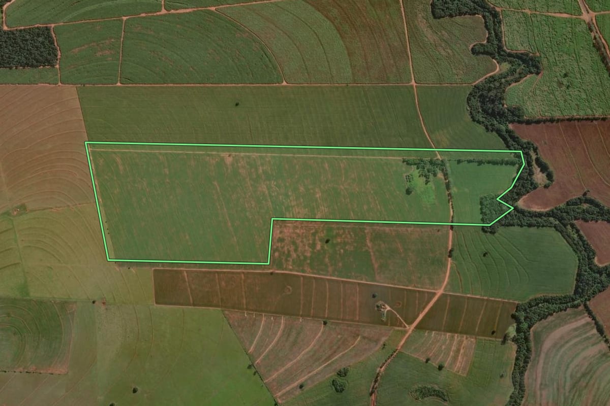 Imagem de satélite do imóvel rural em Centenário do Sul (PR), com o contorno declarado no CAR desenhado por cima.