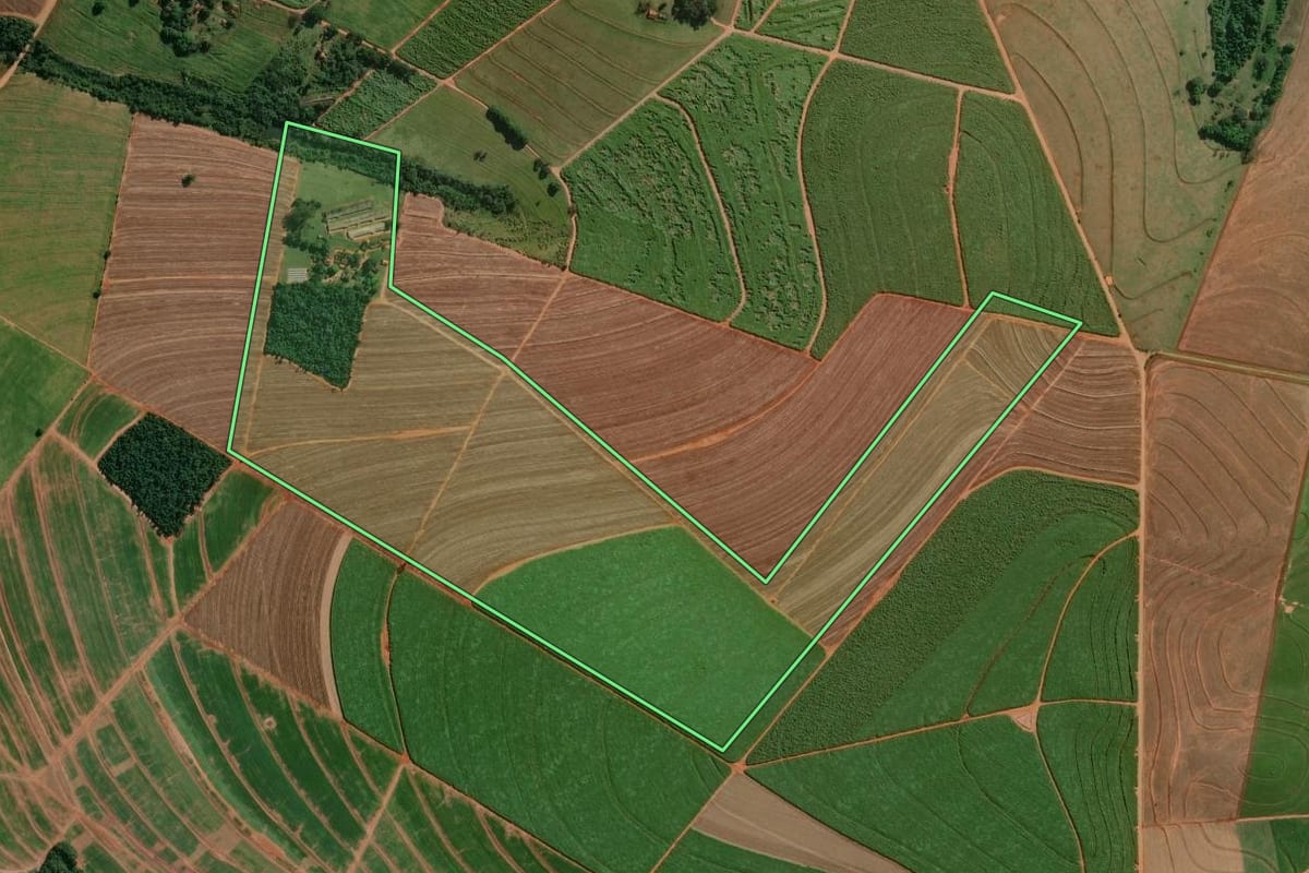 Imagem de satélite do imóvel rural em Centenário do Sul (PR), com o contorno declarado no CAR desenhado por cima.