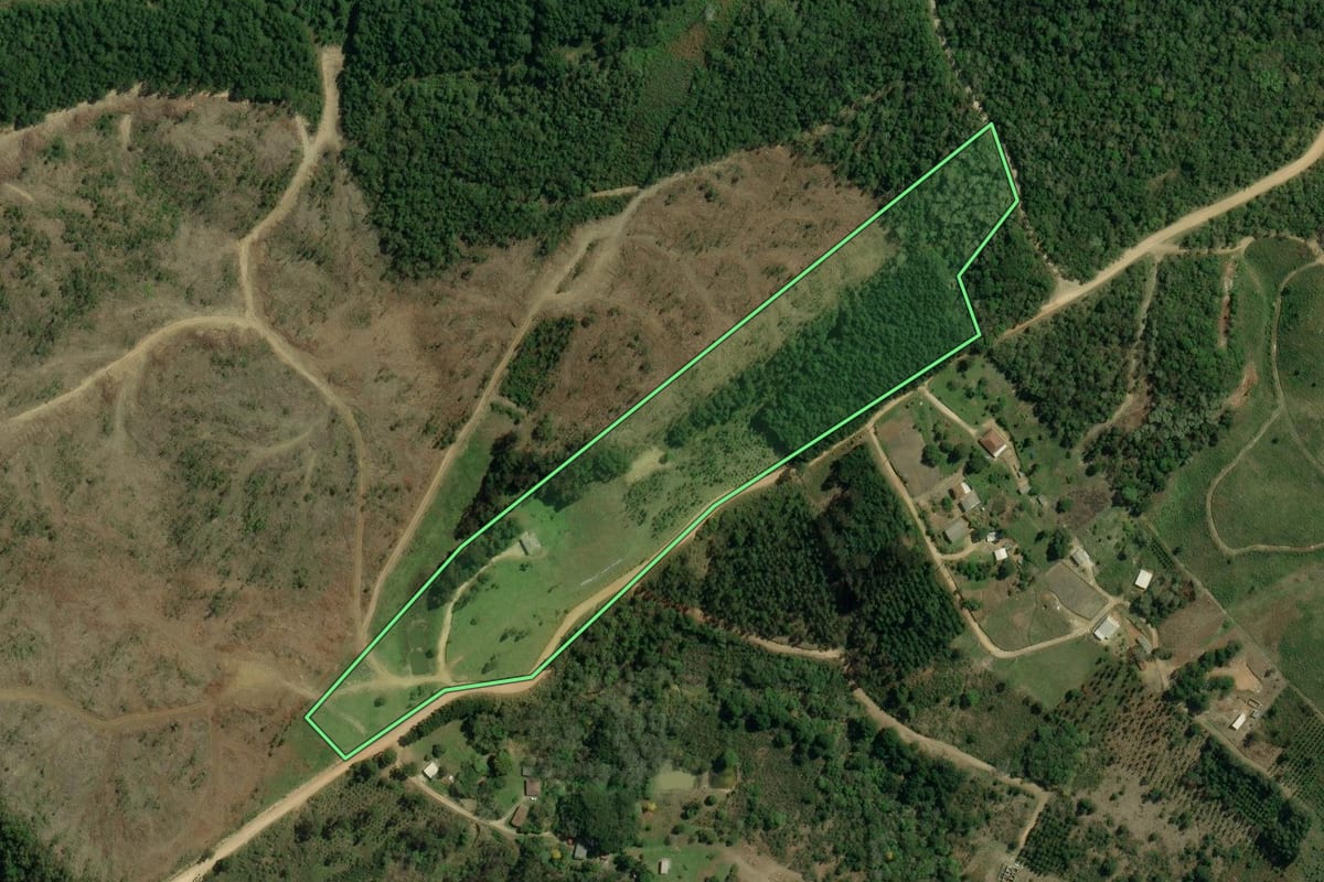 Imagem de satélite do imóvel rural em Cerro Azul (PR), com o contorno declarado no CAR desenhado por cima.