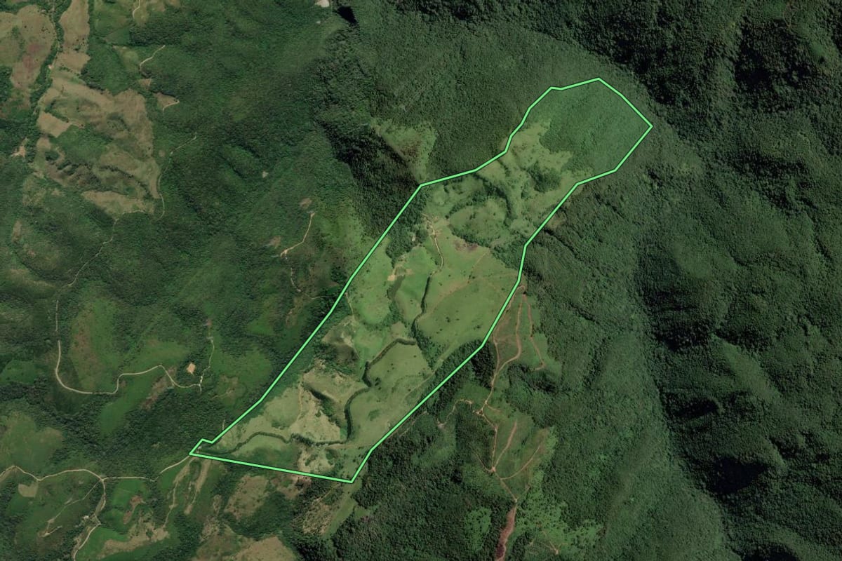 Imagem de satélite do imóvel rural em Cerro Azul (PR), com o contorno declarado no CAR desenhado por cima.