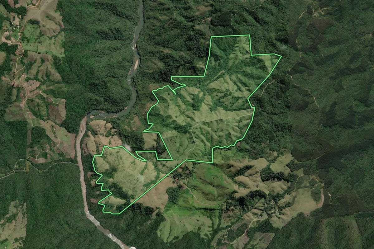 Imagem de satélite do imóvel rural em Cerro Azul (PR), com o contorno declarado no CAR desenhado por cima.