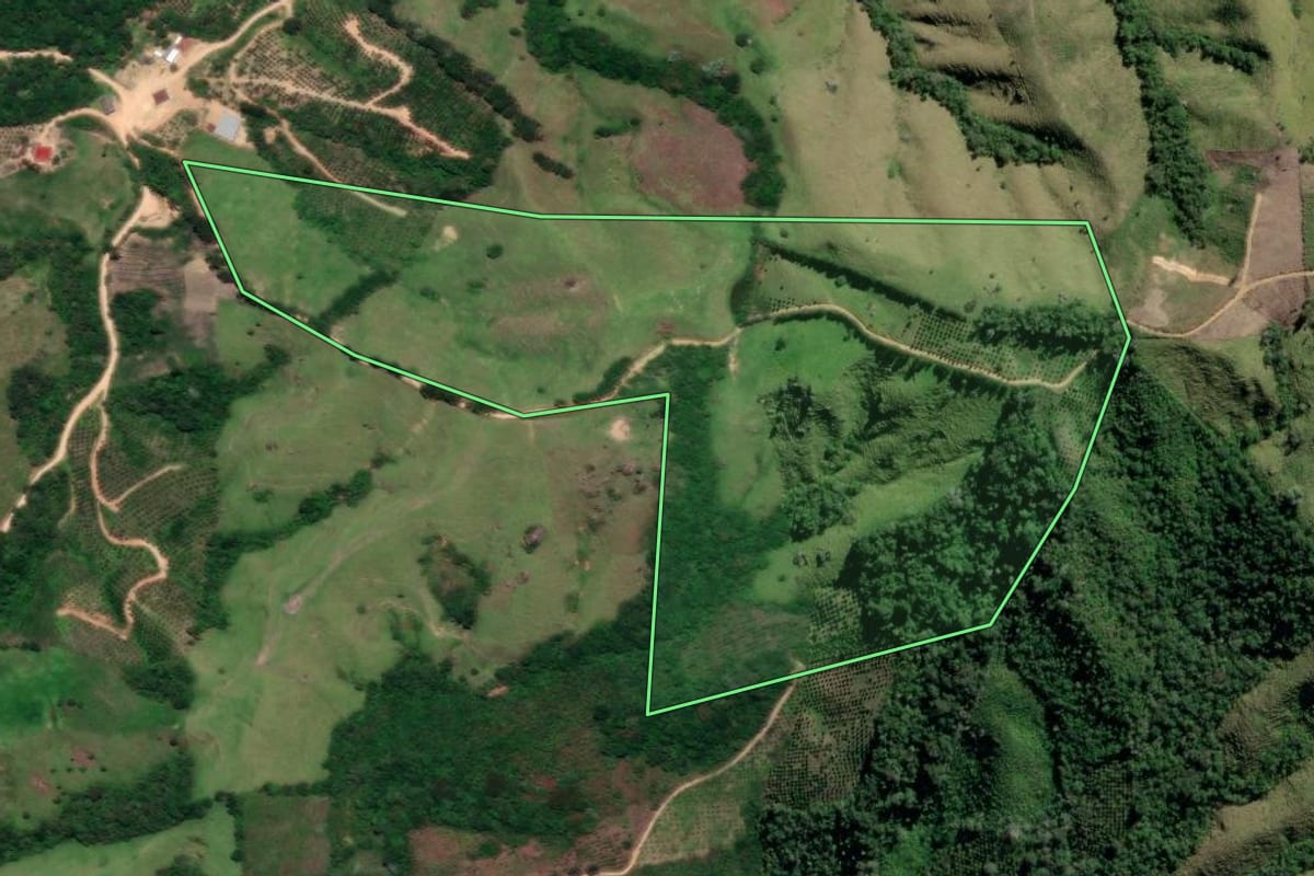 Imagem de satélite do imóvel rural em Cerro Azul (PR), com o contorno declarado no CAR desenhado por cima.