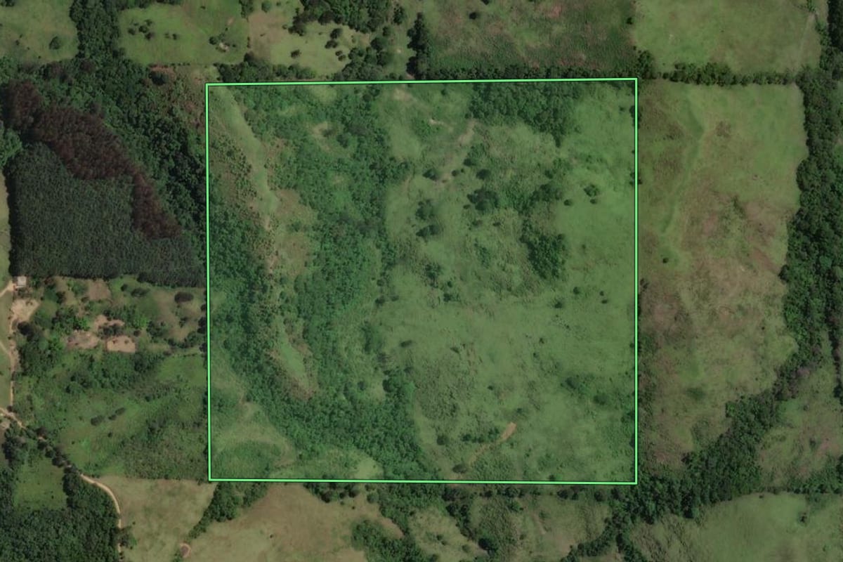 Imagem de satélite do imóvel rural em Cerro Azul (PR), com o contorno declarado no CAR desenhado por cima.