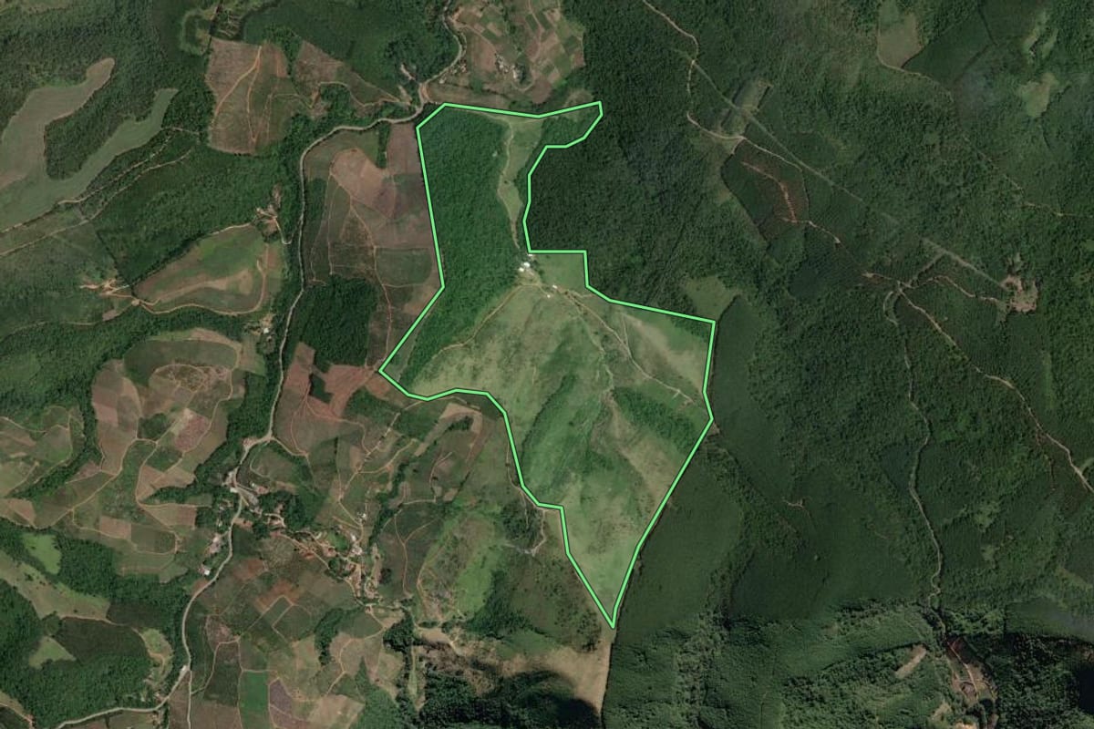 Imagem de satélite do imóvel rural em Cerro Azul (PR), com o contorno declarado no CAR desenhado por cima.