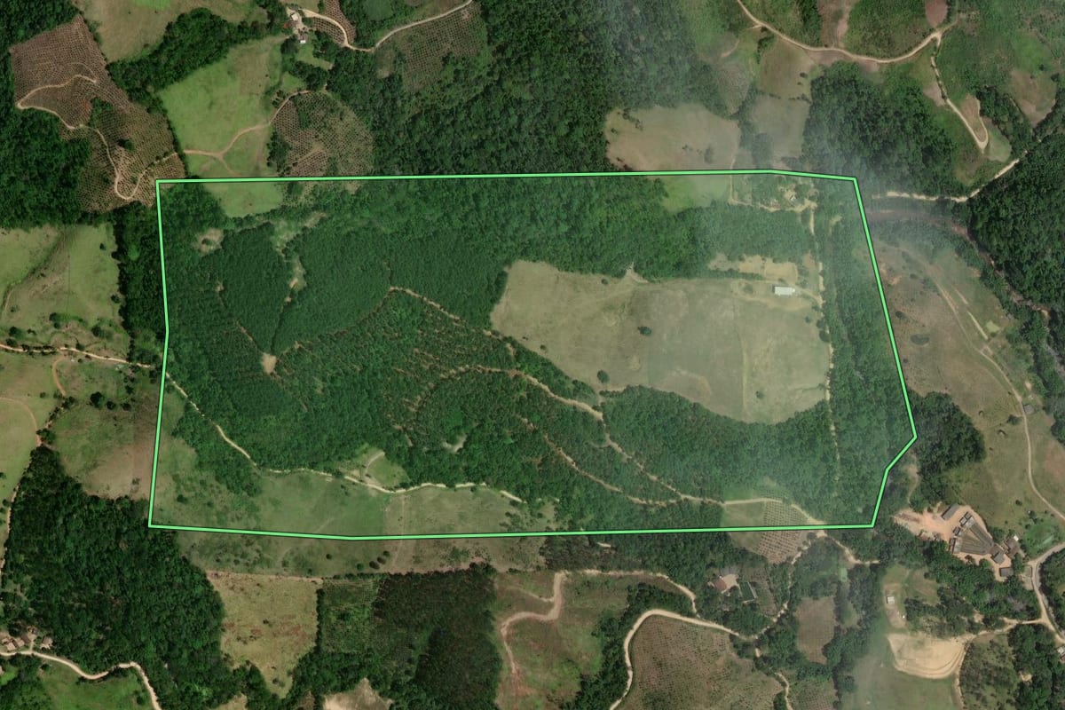 Imagem de satélite do imóvel rural em Cerro Azul (PR), com o contorno declarado no CAR desenhado por cima.