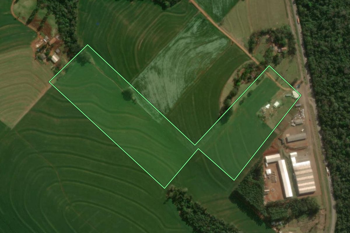 Imagem de satélite do imóvel rural em Céu Azul (PR), com o contorno declarado no CAR desenhado por cima.