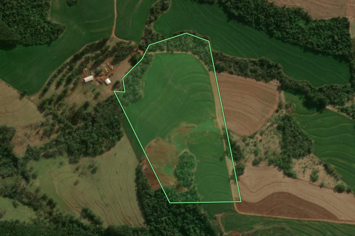 Imagem de satélite do imóvel rural em Céu Azul (PR), com o contorno declarado no CAR desenhado por cima.