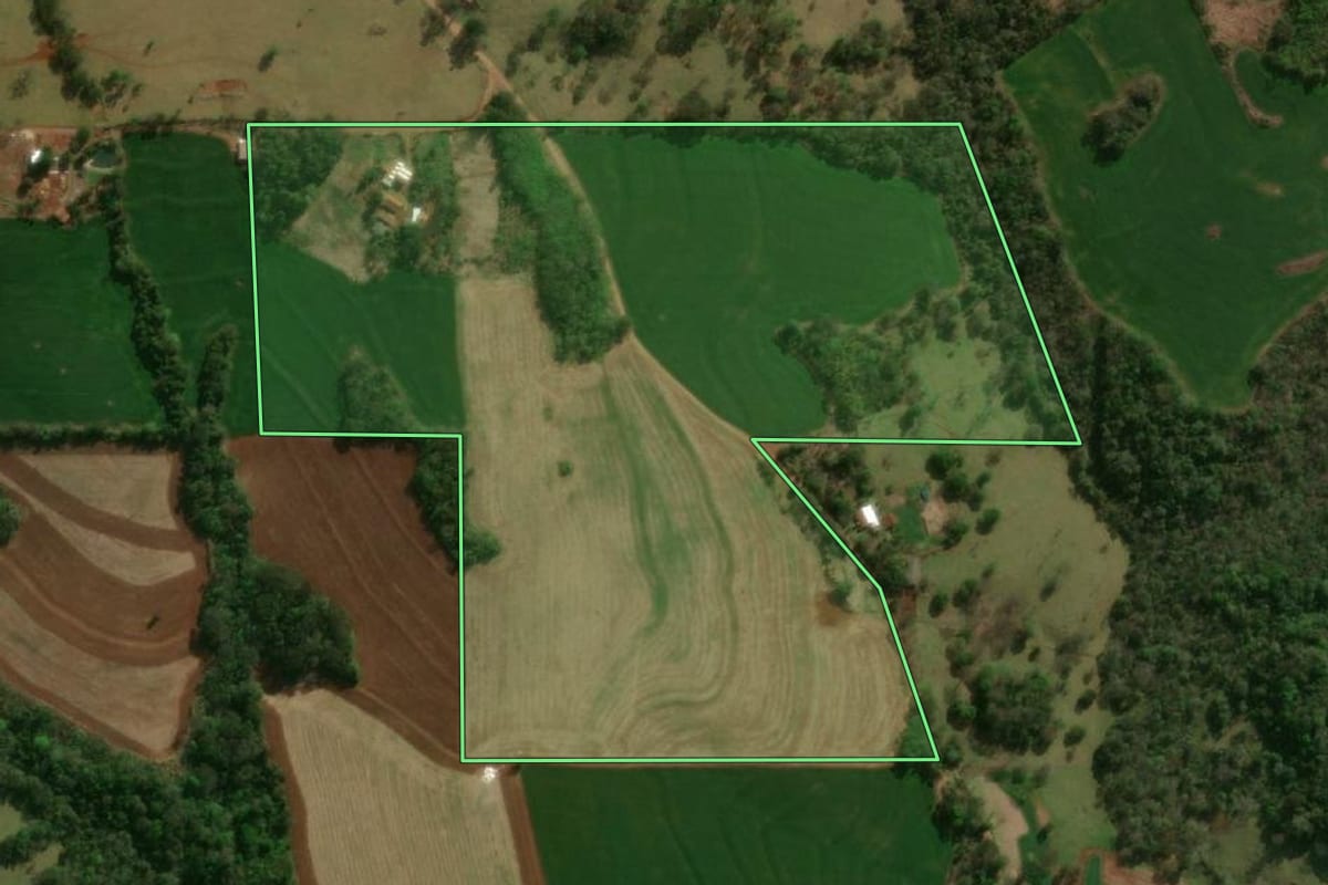 Imagem de satélite do imóvel rural em Céu Azul (PR), com o contorno declarado no CAR desenhado por cima.