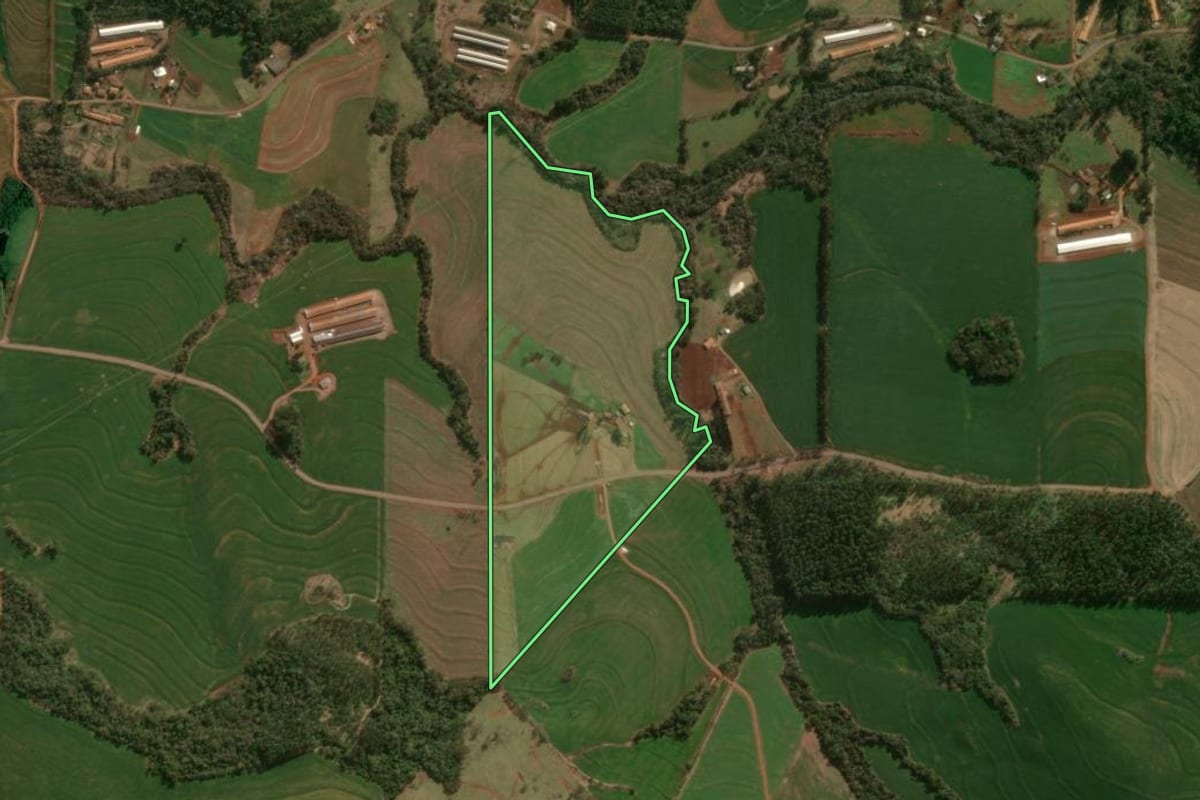 Imagem de satélite do imóvel rural em Céu Azul (PR), com o contorno declarado no CAR desenhado por cima.