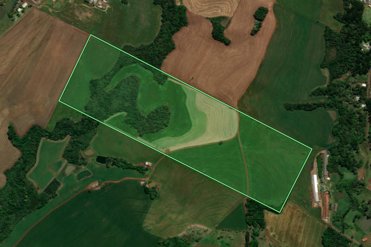 Imagem de satélite do imóvel rural em Chopinzinho (PR), com o contorno declarado no CAR desenhado por cima.