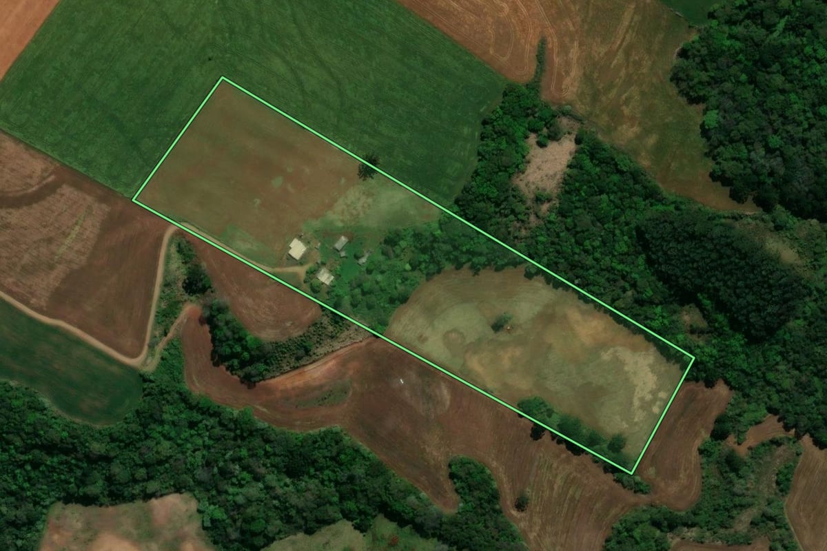 Imagem de satélite do imóvel rural em Chopinzinho (PR), com o contorno declarado no CAR desenhado por cima.