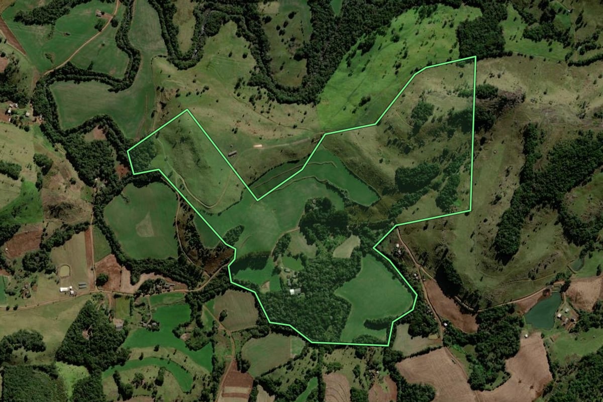 Imagem de satélite do imóvel rural em Chopinzinho (PR), com o contorno declarado no CAR desenhado por cima.