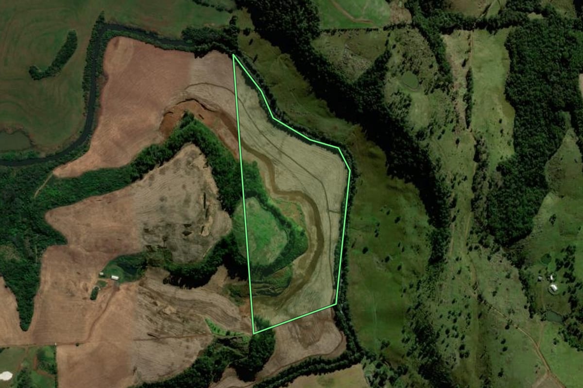 Imagem de satélite do imóvel rural em Chopinzinho (PR), com o contorno declarado no CAR desenhado por cima.