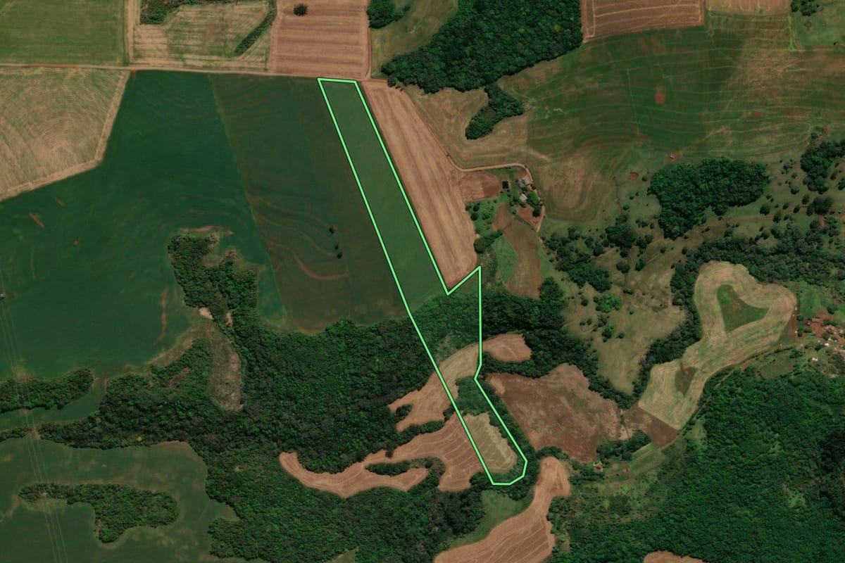 Imagem de satélite do imóvel rural em Chopinzinho (PR), com o contorno declarado no CAR desenhado por cima.