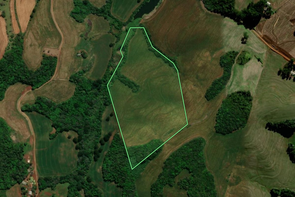 Imagem de satélite do imóvel rural em Chopinzinho (PR), com o contorno declarado no CAR desenhado por cima.
