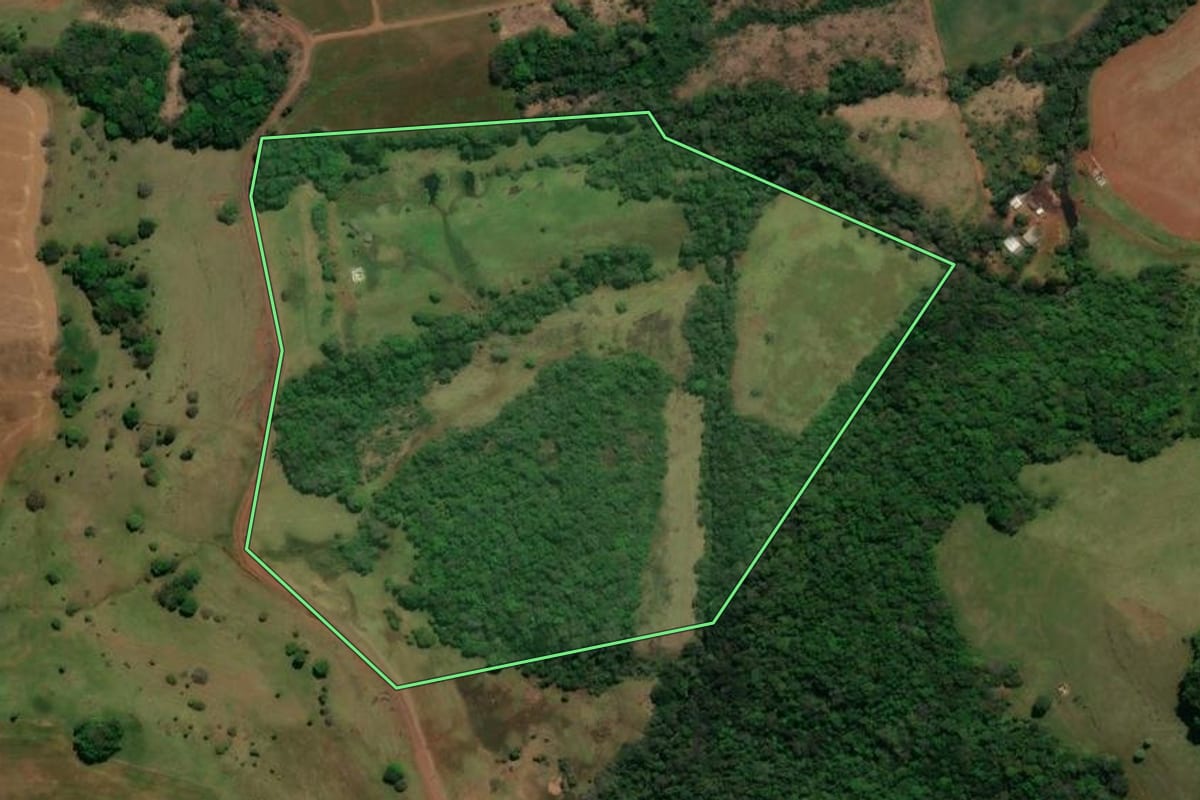 Imagem de satélite do imóvel rural em Chopinzinho (PR), com o contorno declarado no CAR desenhado por cima.