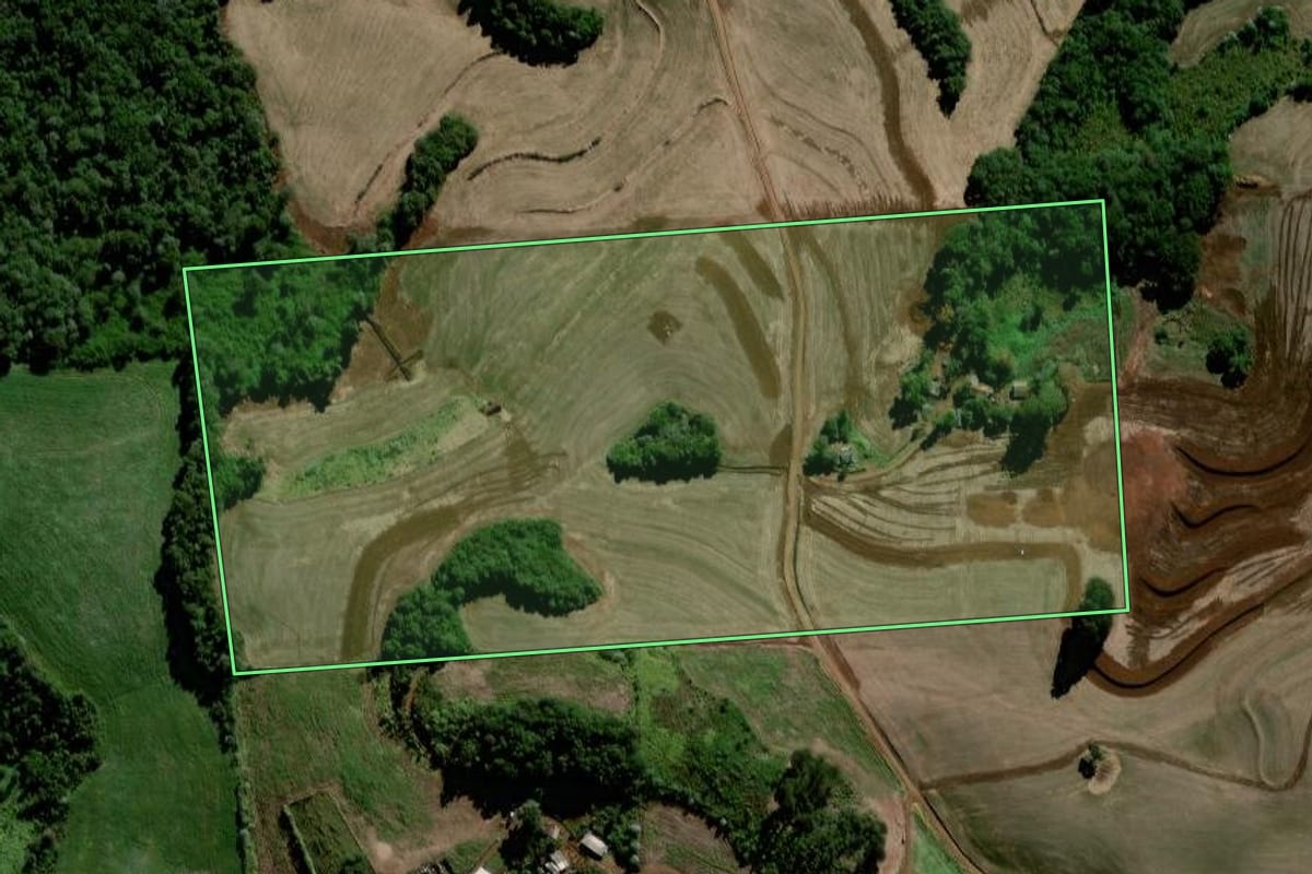 Imagem de satélite do imóvel rural em Chopinzinho (PR), com o contorno declarado no CAR desenhado por cima.
