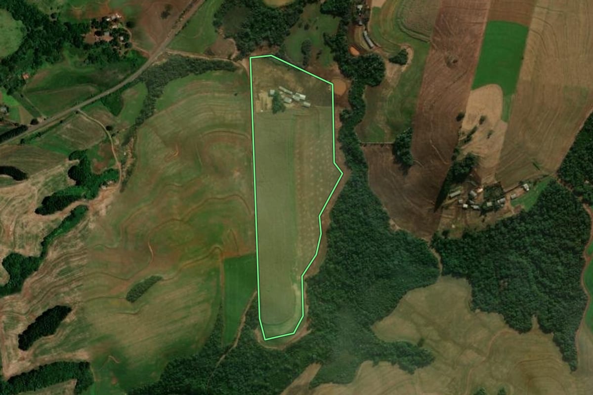 Imagem de satélite do imóvel rural em Chopinzinho (PR), com o contorno declarado no CAR desenhado por cima.