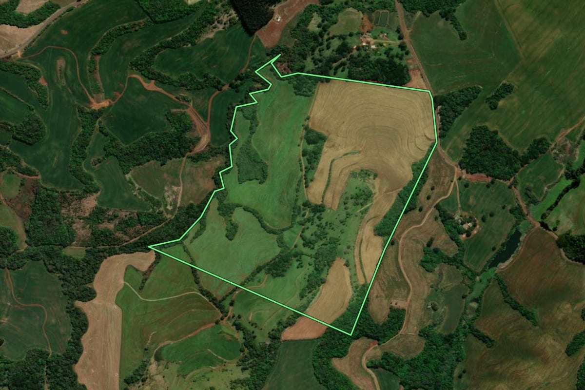 Imagem de satélite do imóvel rural em Chopinzinho (PR), com o contorno declarado no CAR desenhado por cima.