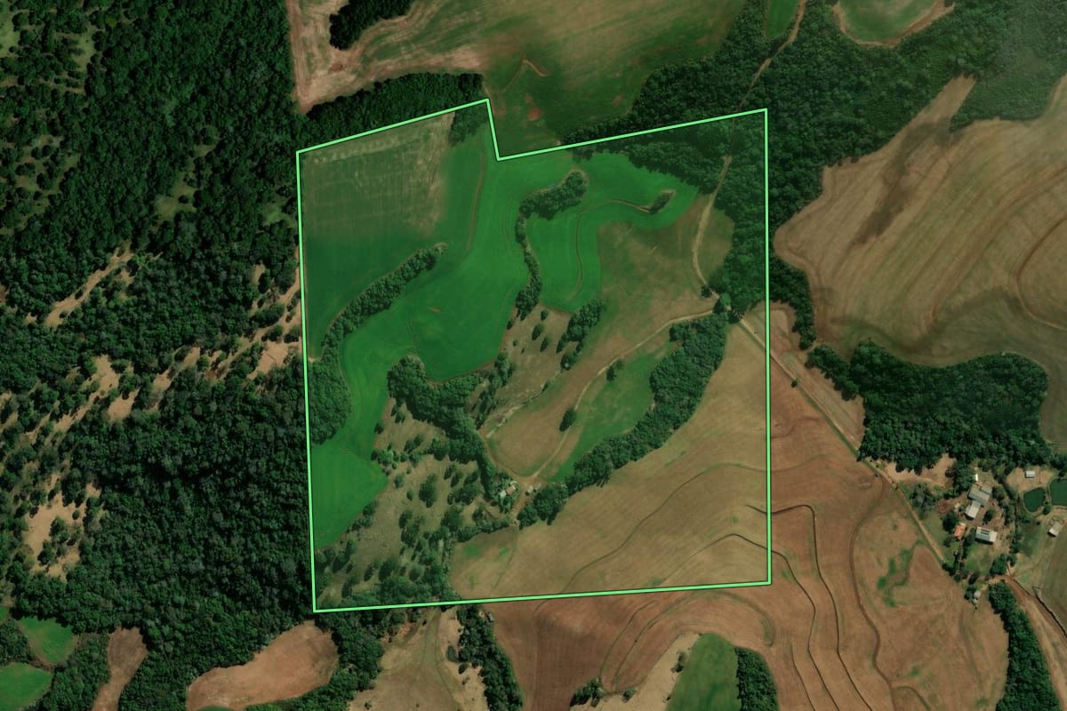 Imagem de satélite do imóvel rural em Chopinzinho (PR), com o contorno declarado no CAR desenhado por cima.