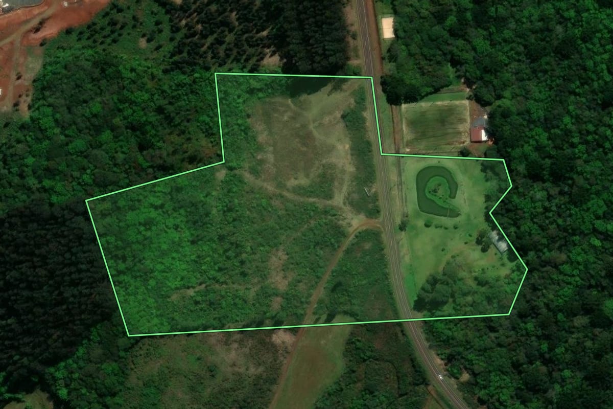 Imagem de satélite do imóvel rural em Chopinzinho (PR), com o contorno declarado no CAR desenhado por cima.