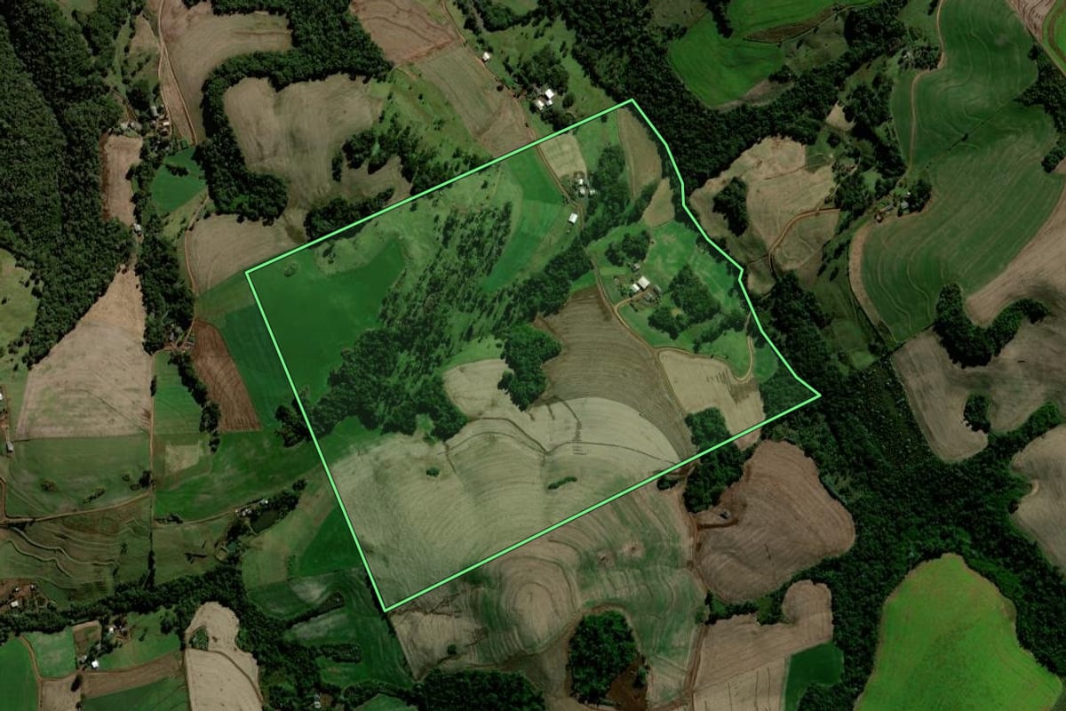Imagem de satélite do imóvel rural em Chopinzinho (PR), com o contorno declarado no CAR desenhado por cima.