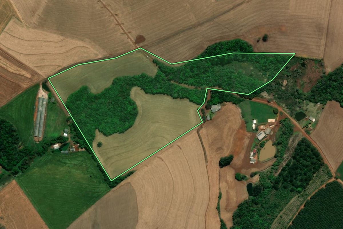 Imagem de satélite do imóvel rural em Chopinzinho (PR), com o contorno declarado no CAR desenhado por cima.