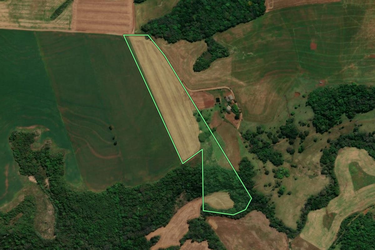 Imagem de satélite do imóvel rural em Chopinzinho (PR), com o contorno declarado no CAR desenhado por cima.