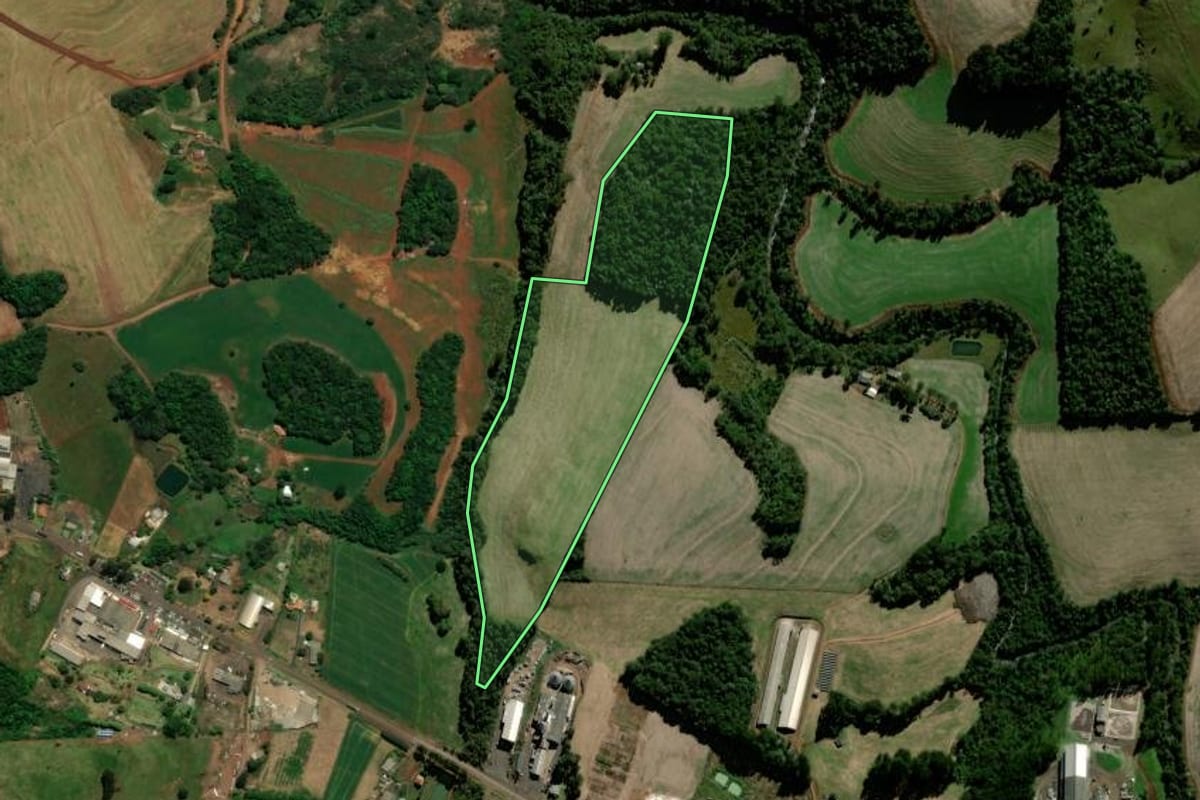 Imagem de satélite do imóvel rural em Chopinzinho (PR), com o contorno declarado no CAR desenhado por cima.