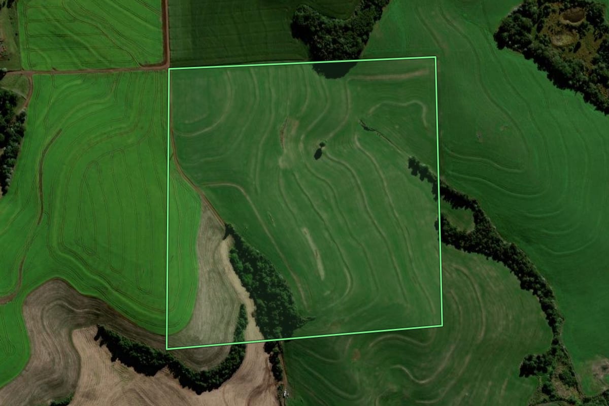 Imagem de satélite do imóvel rural em Chopinzinho (PR), com o contorno declarado no CAR desenhado por cima.