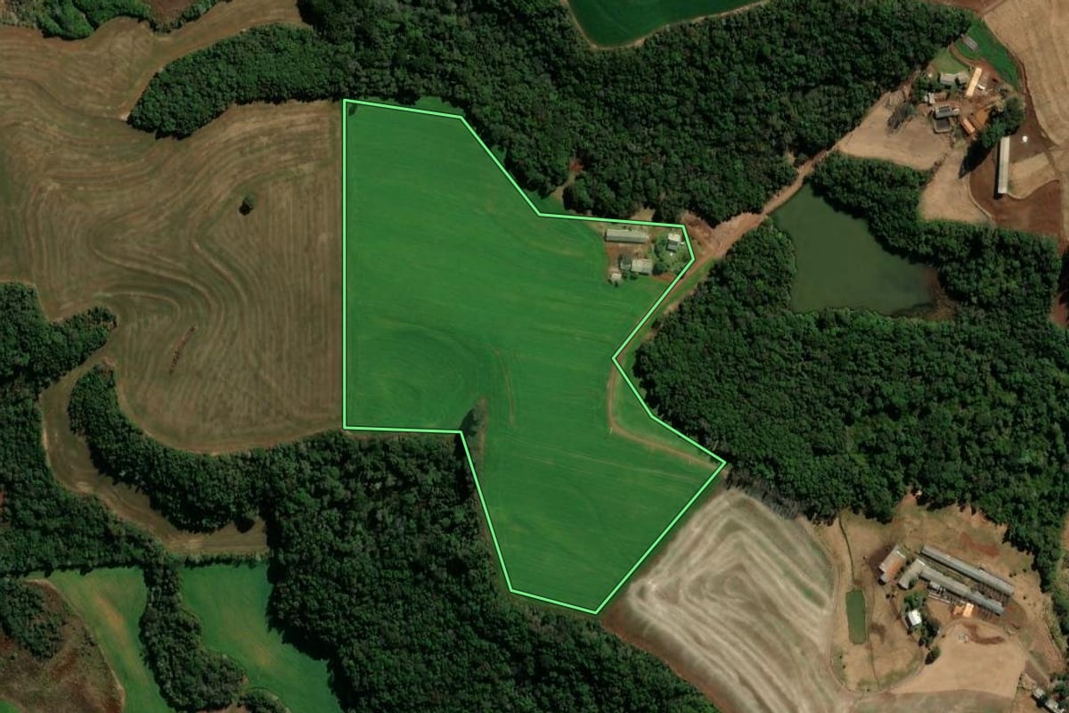Imagem de satélite do imóvel rural em Chopinzinho (PR), com o contorno declarado no CAR desenhado por cima.