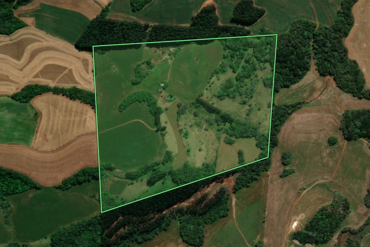 Imagem de satélite do imóvel rural em Chopinzinho (PR), com o contorno declarado no CAR desenhado por cima.