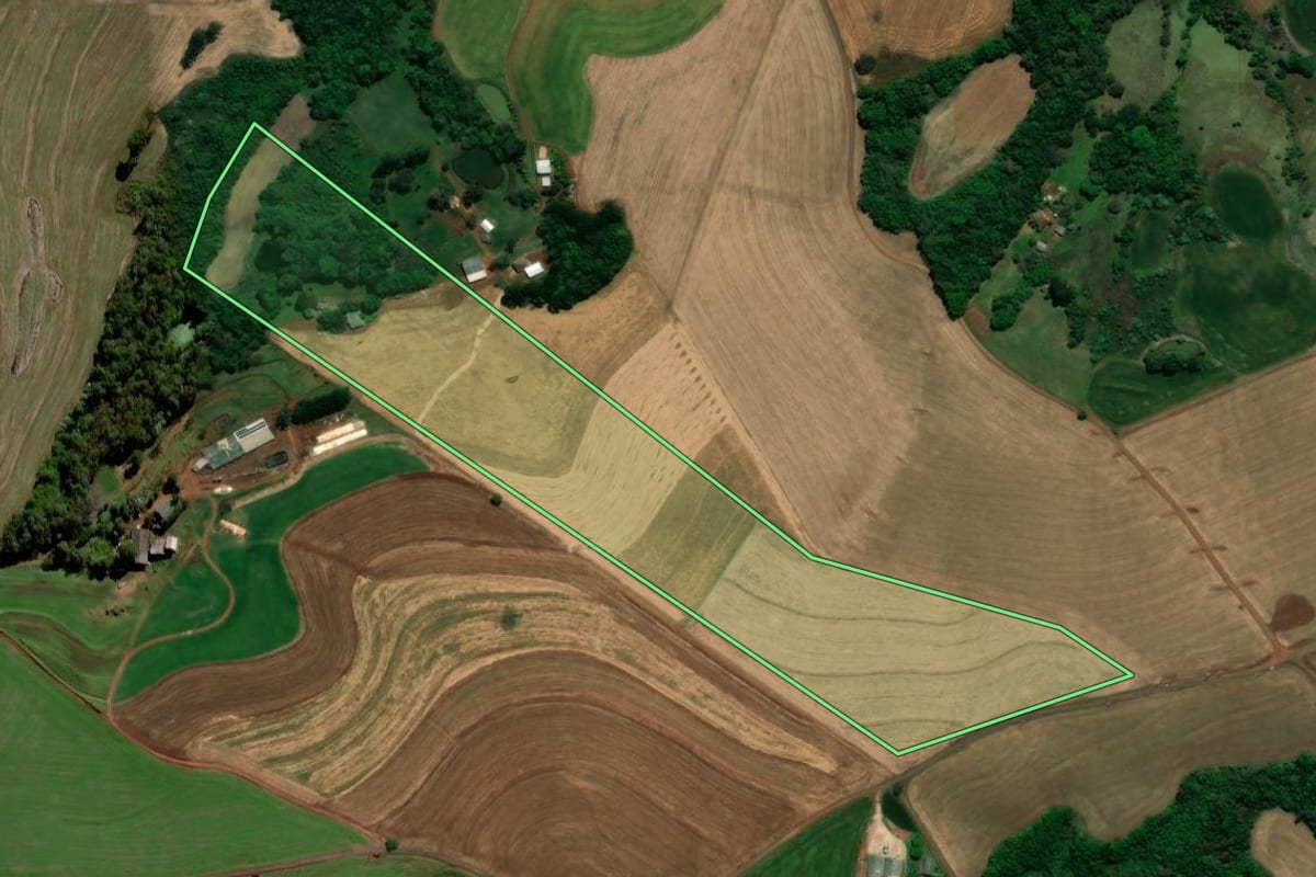 Imagem de satélite do imóvel rural em Chopinzinho (PR), com o contorno declarado no CAR desenhado por cima.