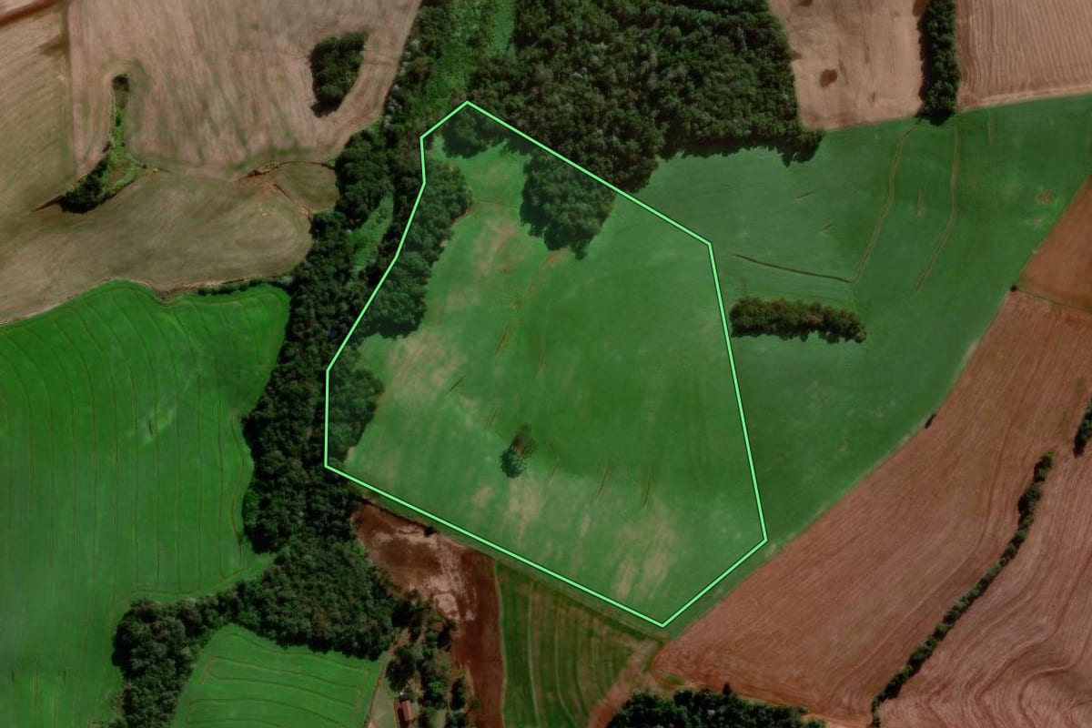 Imagem de satélite do imóvel rural em Chopinzinho (PR), com o contorno declarado no CAR desenhado por cima.