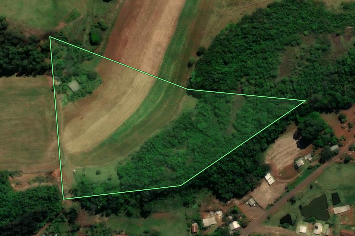 Imagem de satélite do imóvel rural em Chopinzinho (PR), com o contorno declarado no CAR desenhado por cima.