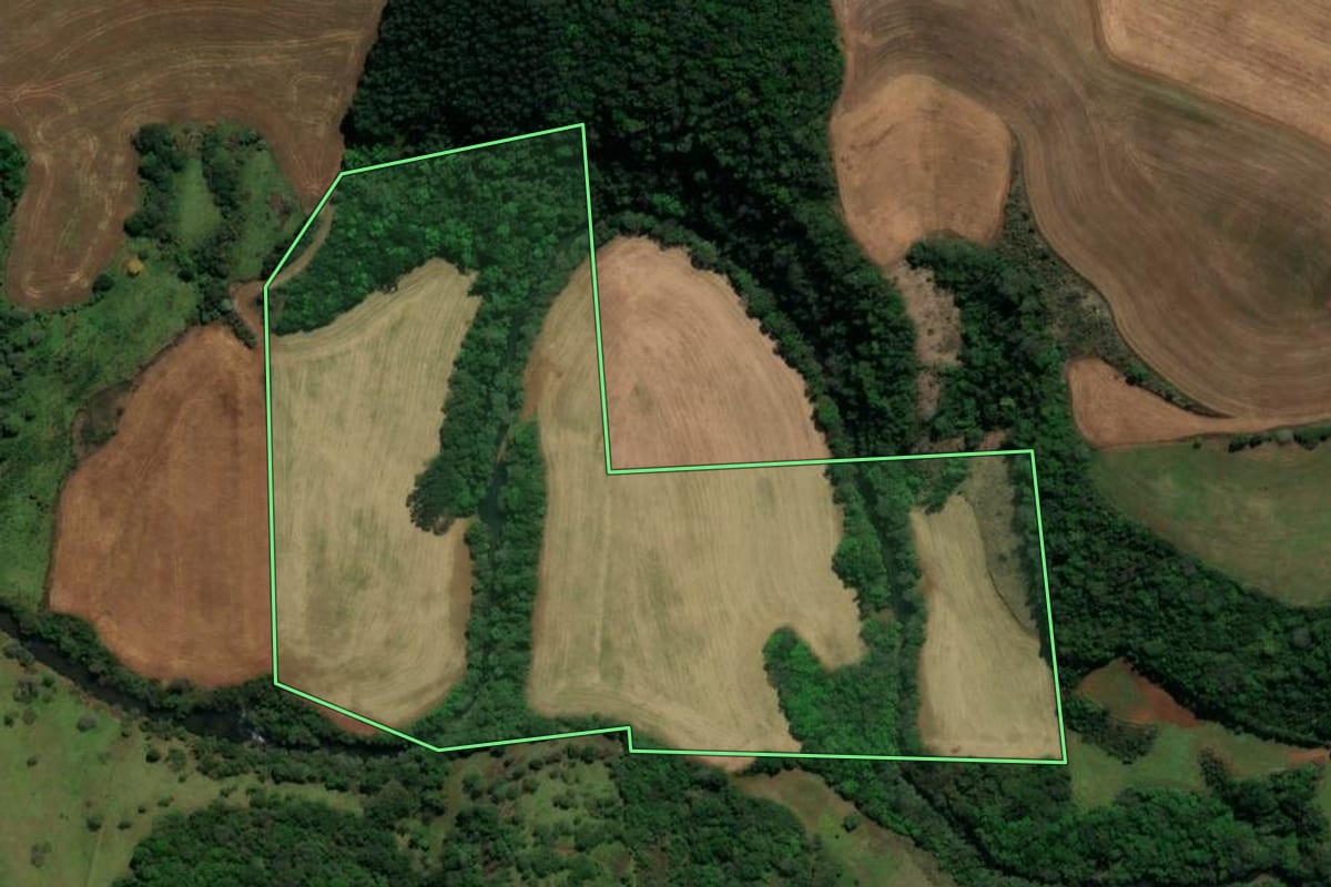 Imagem de satélite do imóvel rural em Chopinzinho (PR), com o contorno declarado no CAR desenhado por cima.