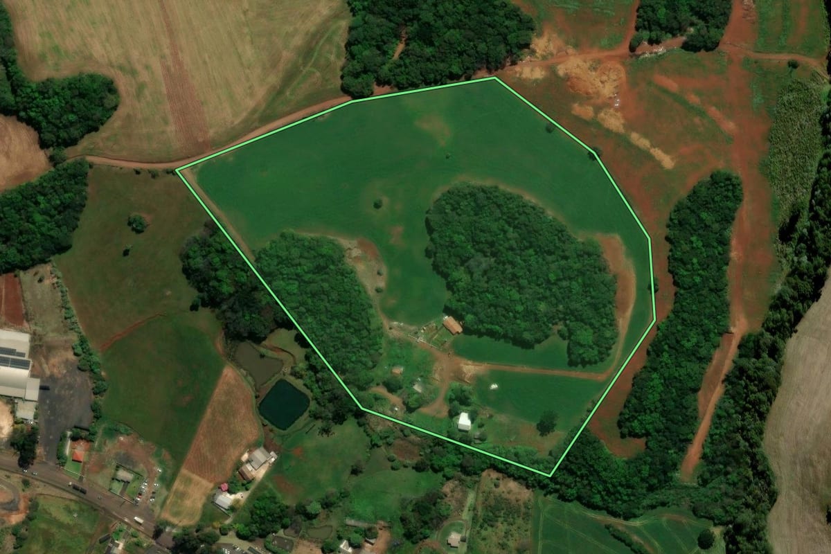 Imagem de satélite do imóvel rural em Chopinzinho (PR), com o contorno declarado no CAR desenhado por cima.