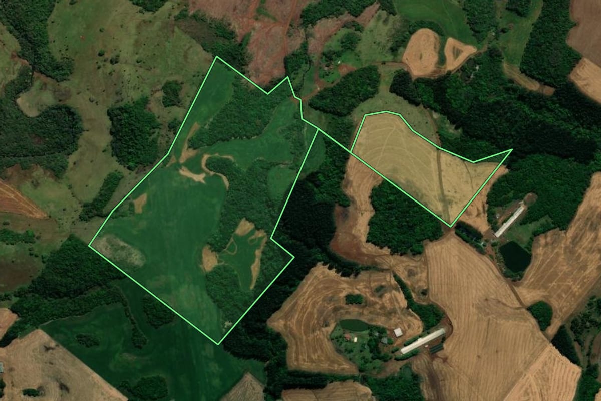 Imagem de satélite do imóvel rural em Chopinzinho (PR), com o contorno declarado no CAR desenhado por cima.