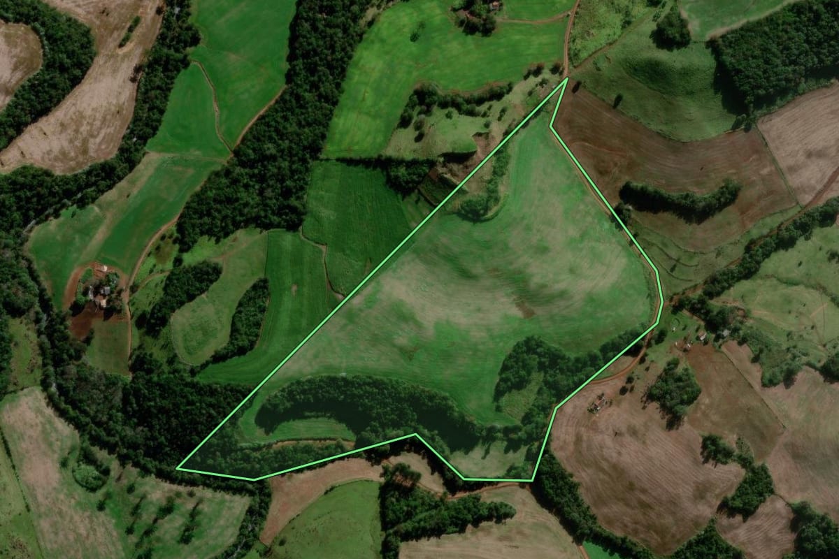 Imagem de satélite do imóvel rural em Chopinzinho (PR), com o contorno declarado no CAR desenhado por cima.