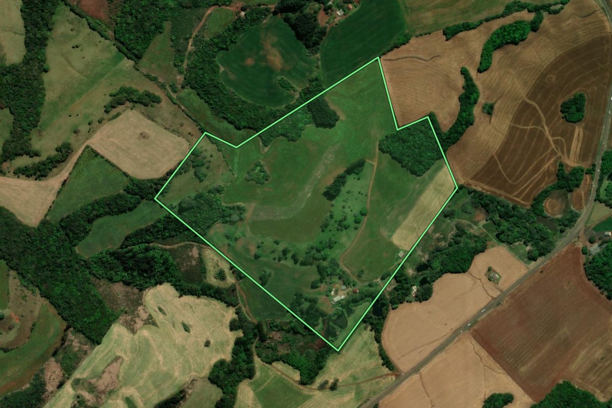 Imagem de satélite do imóvel rural em Chopinzinho (PR), com o contorno declarado no CAR desenhado por cima.