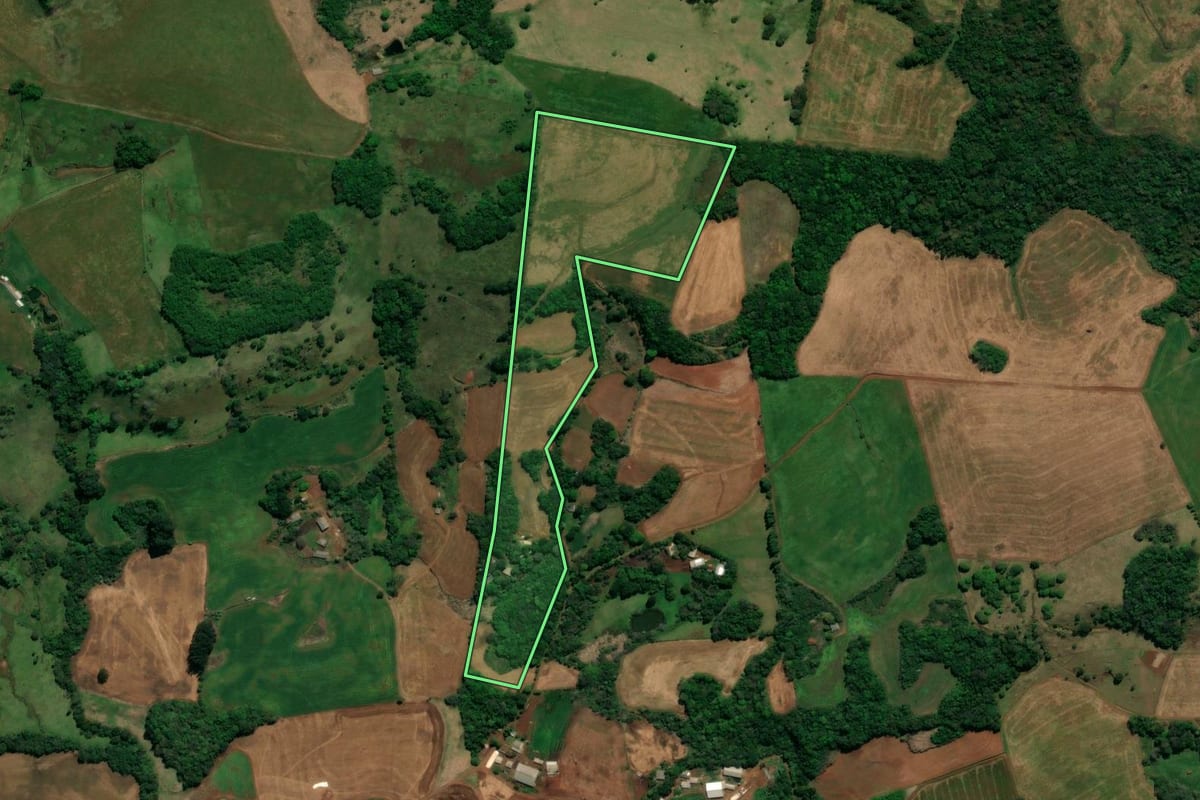 Imagem de satélite do imóvel rural em Chopinzinho (PR), com o contorno declarado no CAR desenhado por cima.